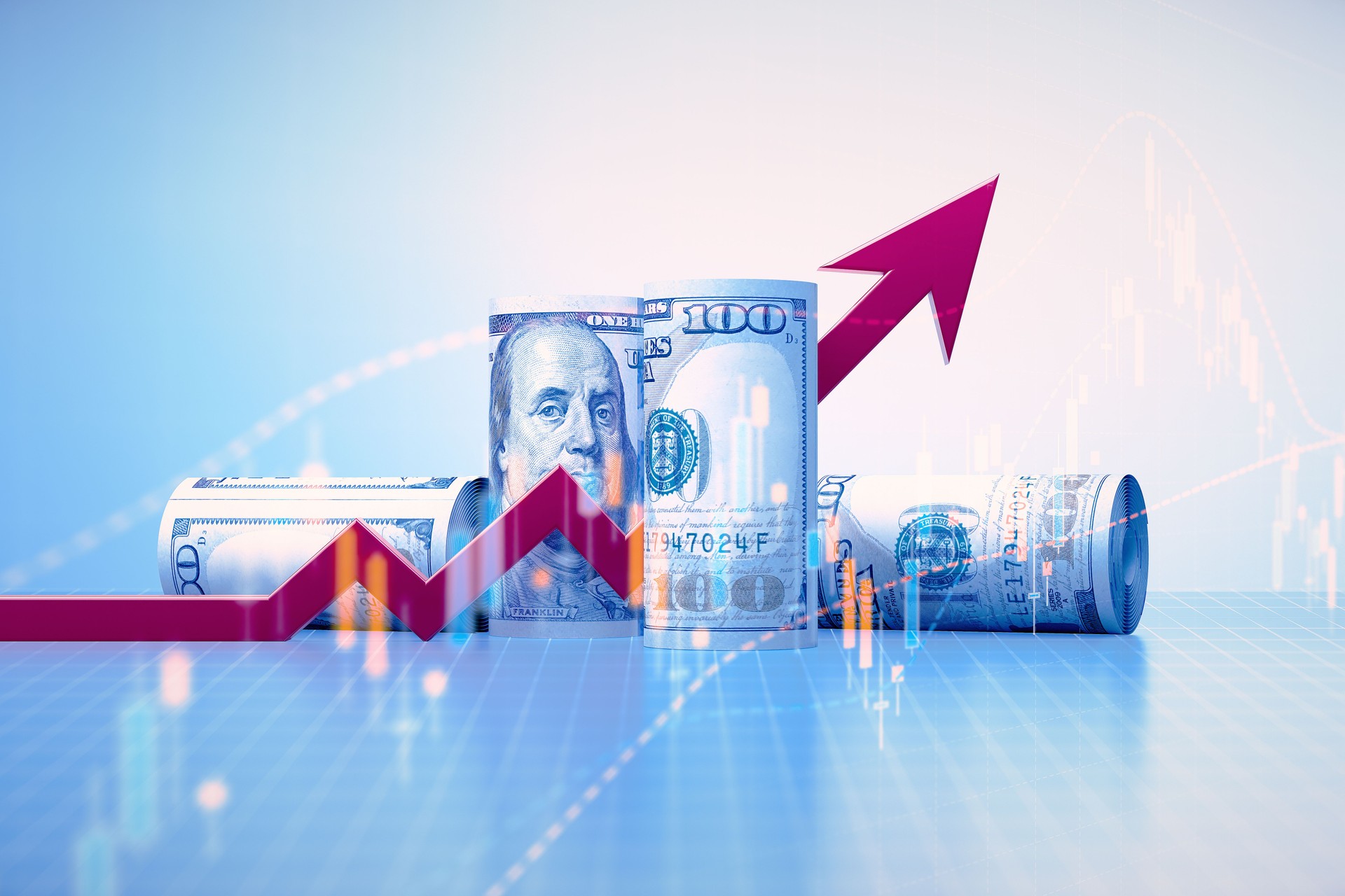 Finance Concept - Rolled Up 100 American Dollar Bills, Red Arrow And Stock Market Graph Over Blue Background